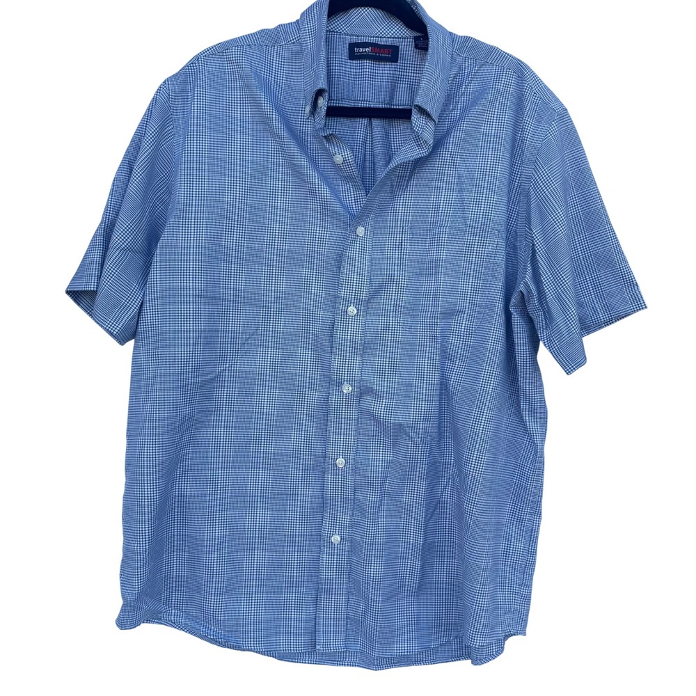 Roundree & Yorke TravelSmart Mens Blue Houndstooth Short Sleeve Button Down‎ L